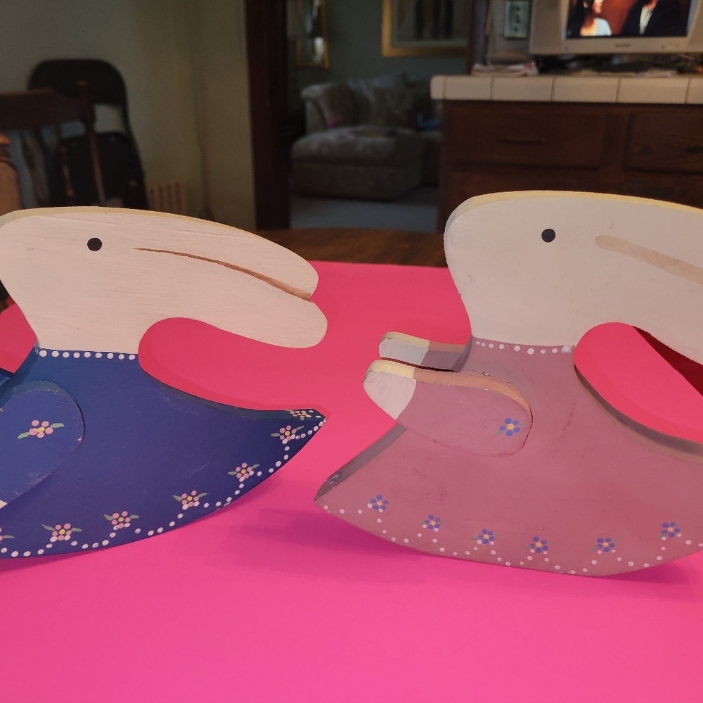 2 HANDPAINTED WOODEN BUNNIES